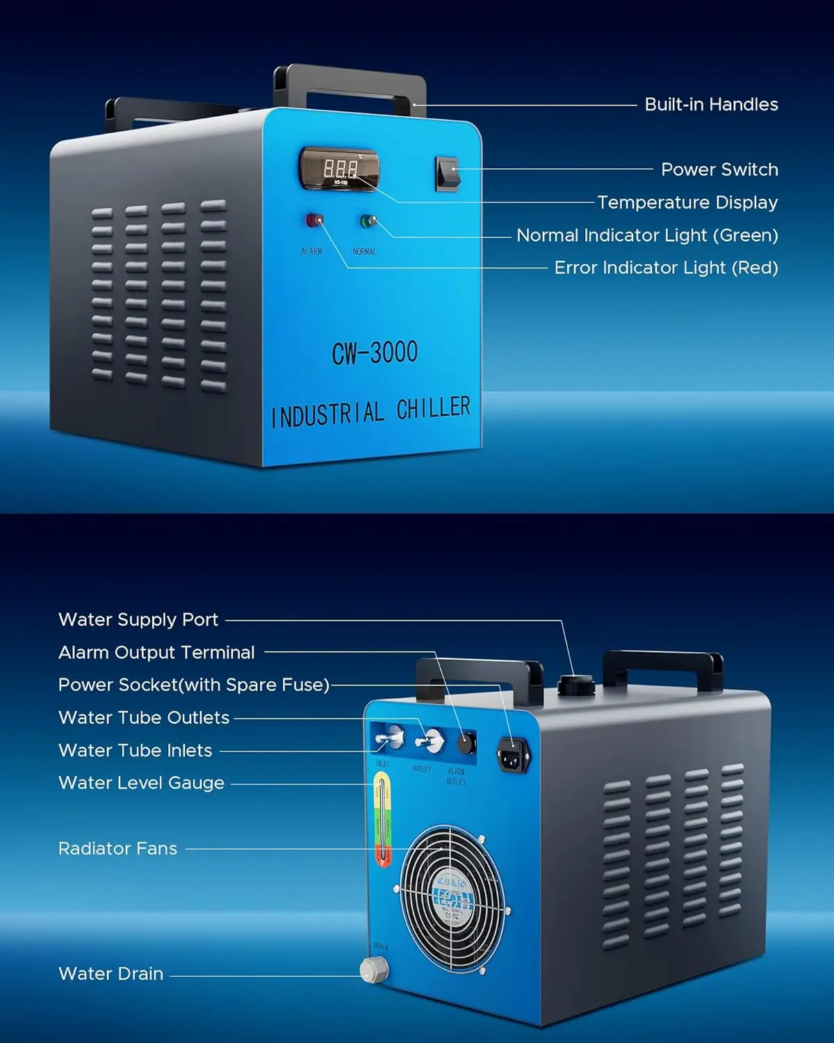 OMTECH 9L Industrial Chiller for 40W K40 CO2 Laser Machines - 2.6 GPM Water Cooling System