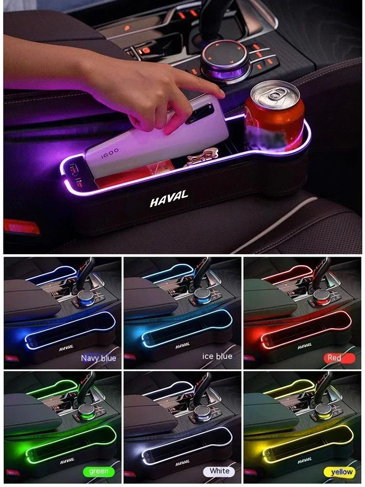 

For HAVAL H2S H5 H6 H7 H9 M6 F5F7 JOLION HEV Car Seat Gap Crevice Slot Storage Box with Atmosphere lamp USB Charging Accessories
