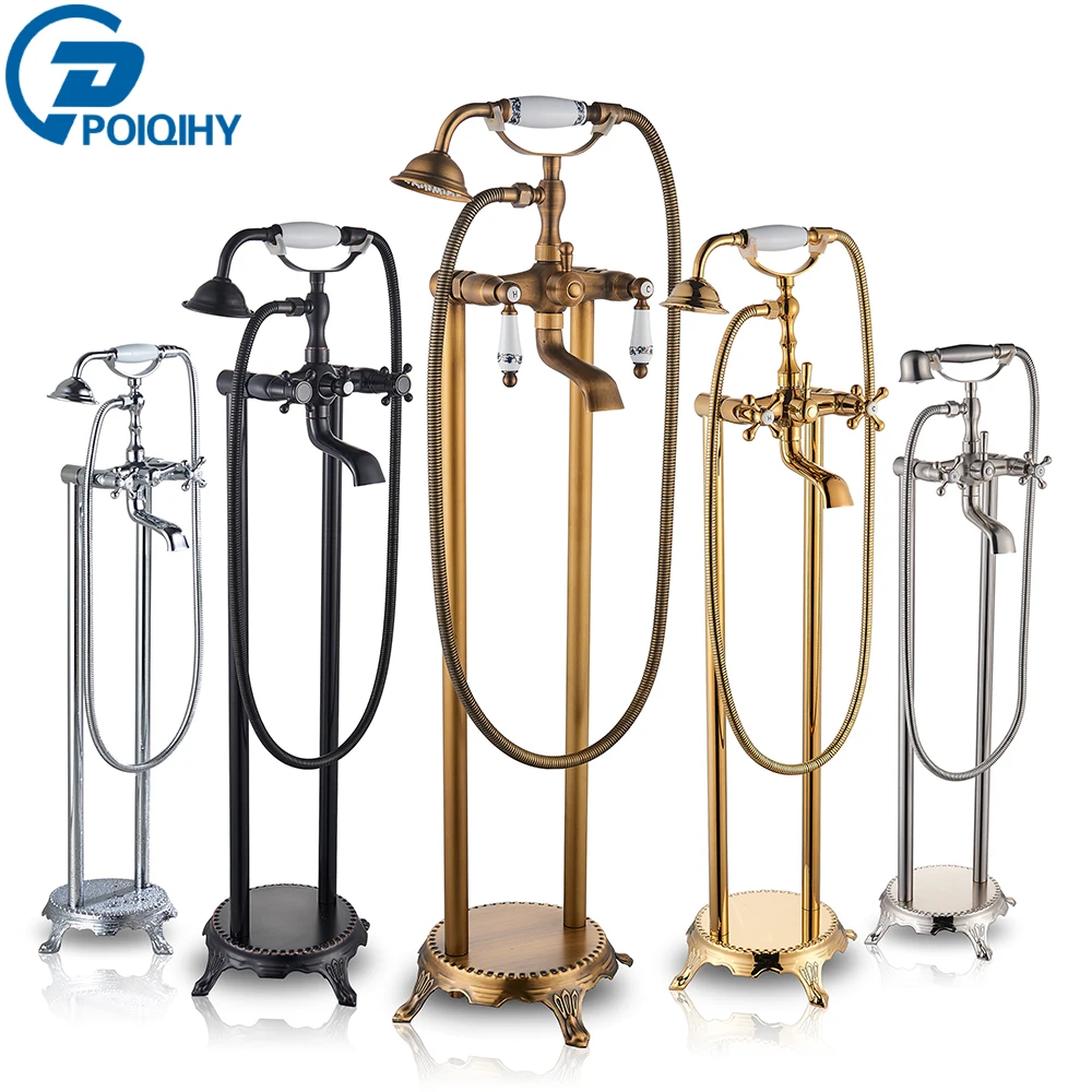 ทองเหลืองโบราณชั้นติดตั้งอ่างอาบน้ําก๊อกน้ํา Dual Handle ชุดฝักบัวหมุนอ่างอาบน้ํา TAP อิสระ Clawfoot 1