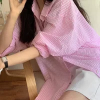 Korean Women's Shirt Sunscreen Long Sleeves Shirt Summer Women's Loose Casual Single Breasted Turndown Collar Plaid - Image 4