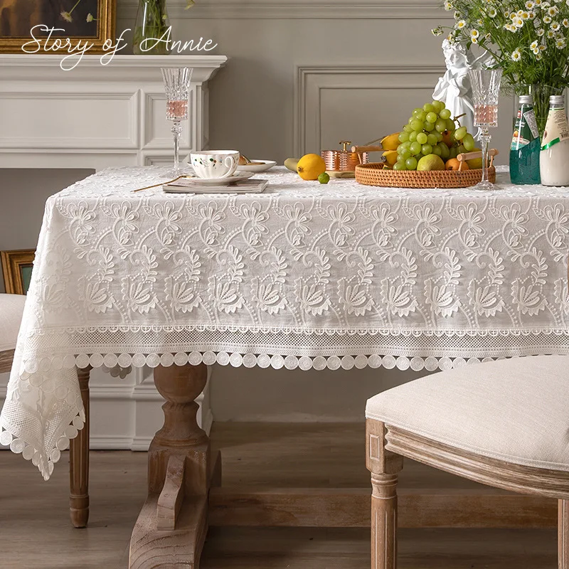 Luxury Embroider White Lace Tablecloth table cloth rectangular tablecloth For Wedding Party Living Room Bedroom Table Cloth American Table Decoration