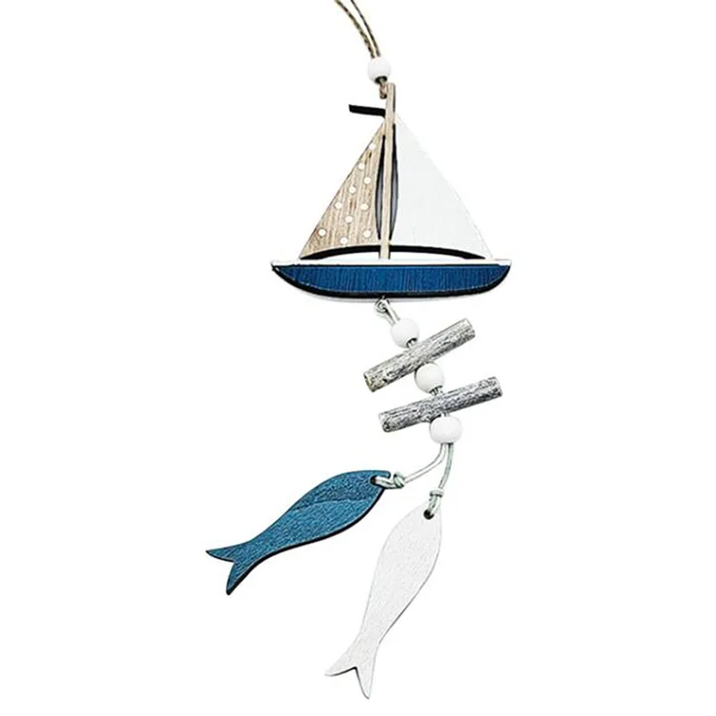 Marine Style Wooden Pendant Ocean Wind Crafts Small Fish Boat Wall Hanging Decoration