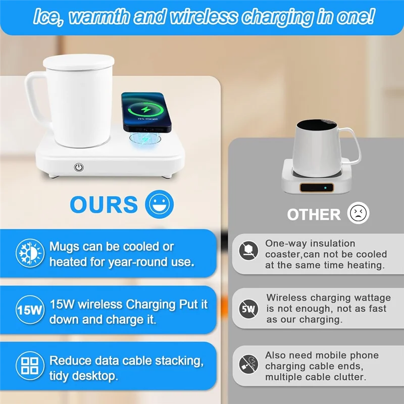 3 In1 Smart Self Heated Refrigeration Coffee Mug Wireless Charger Base Thermostatic Coaster For Office Desk/Homea52q