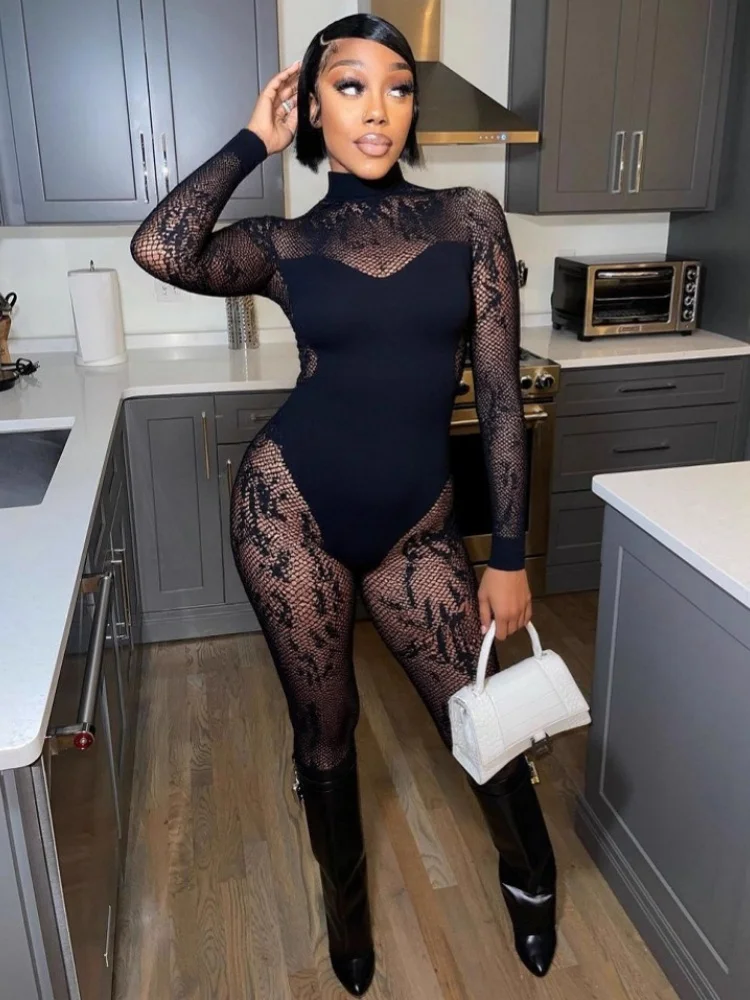 Wmstar Jumpsuit Women Wholesale Sexy Mesh Patchwork New Women's High Stitch Lace with Sexy Cutout in Black Drop Shopping