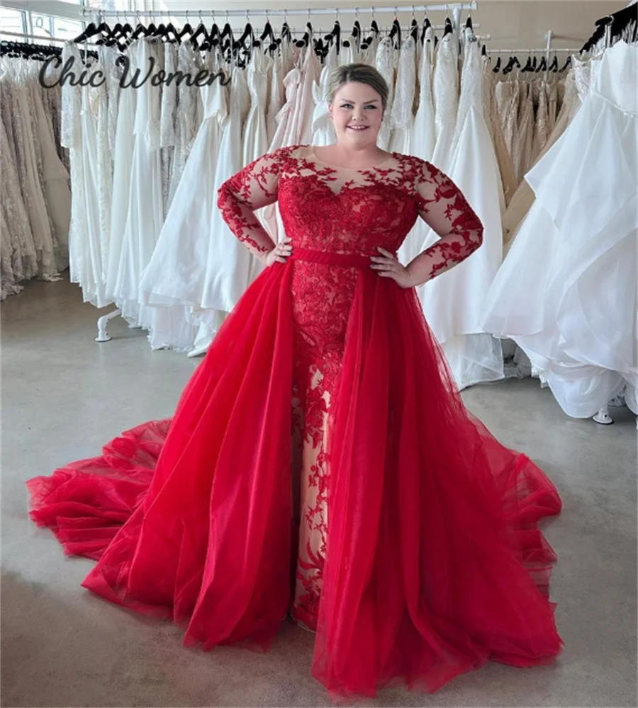 Evening Dresses Plus Size Red Lace Dress With Sleeves Wedding