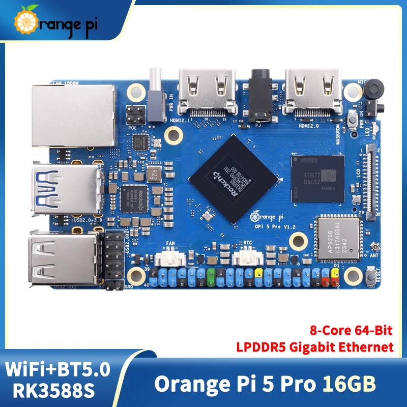 

8-ядерный 64-битный Процессор Rockchip RK3588S, плата для ПК Orange Pi 5 Pro, ОЗУ 16 ГБ, LPDDR5 Gigabit Ethernet Wi-Fi + BT5.0 BLE SBC