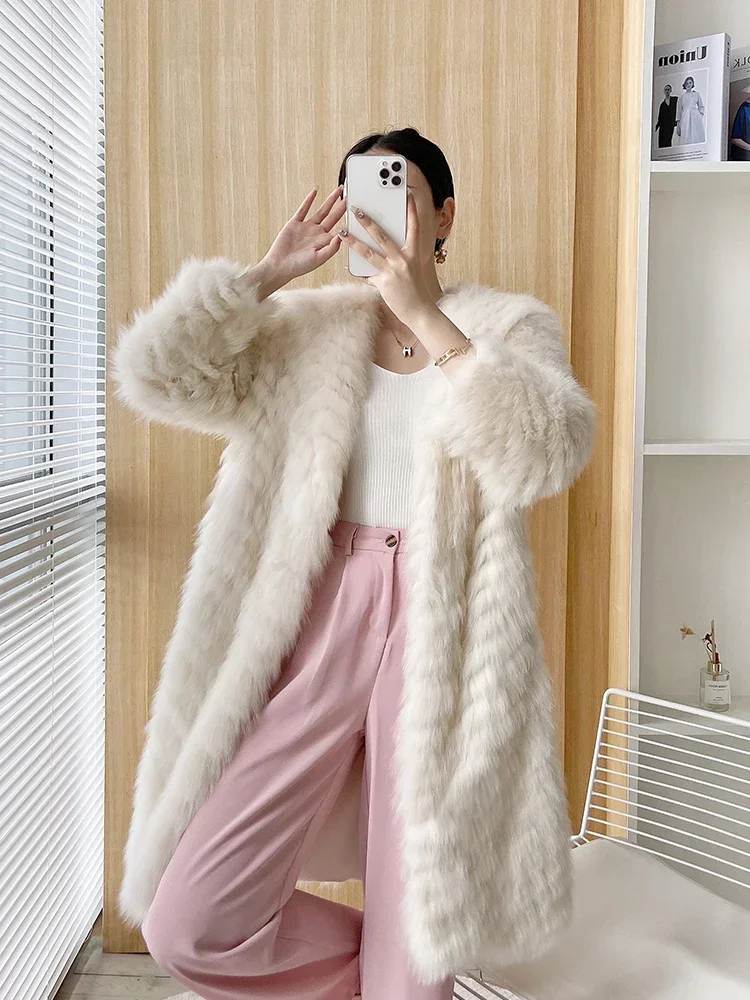 Long Imported Fox Fur Coat Strip Navy Collar Fur Coat Winter 2023 Women's Clothing Office Lady Thick Warm Fur Knitted Jackets1Pc