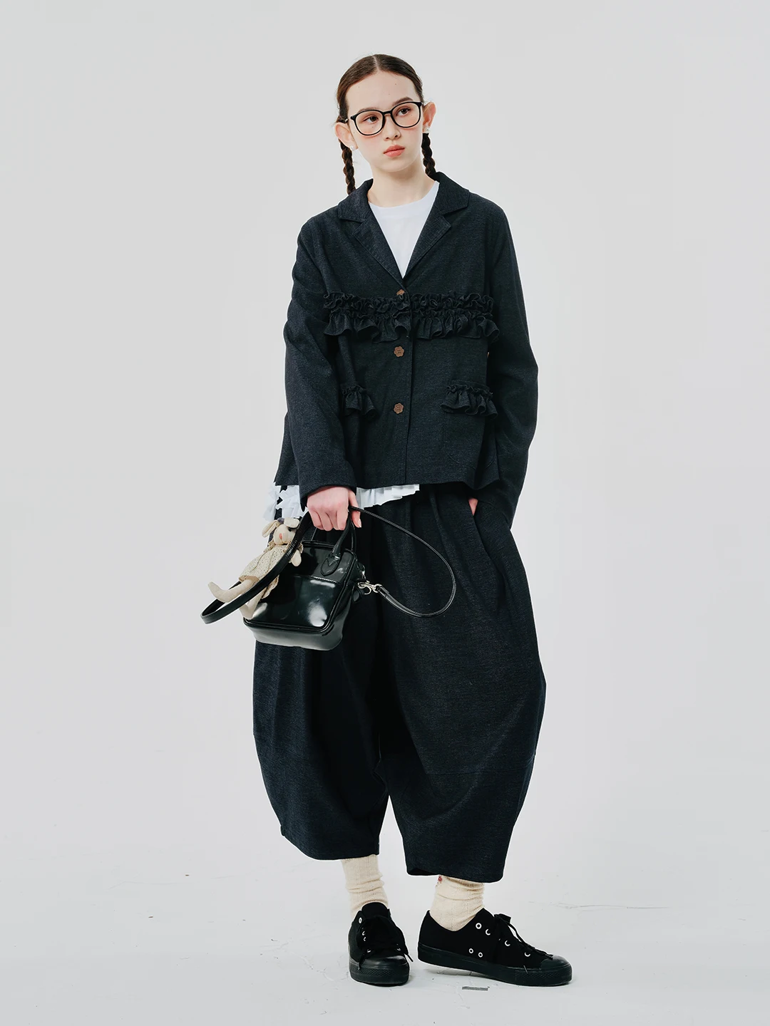 IMAKOKONI original design black loose V-neck business lace stitching suit jacket women 244533