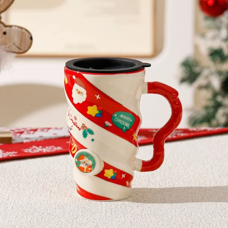 Hot Christmas Threaded Elk Couple Ceramic Mug Trendy Water Cup Home Office Milk Breakfast Cup Handheld Gift with Lid Gift Box LI