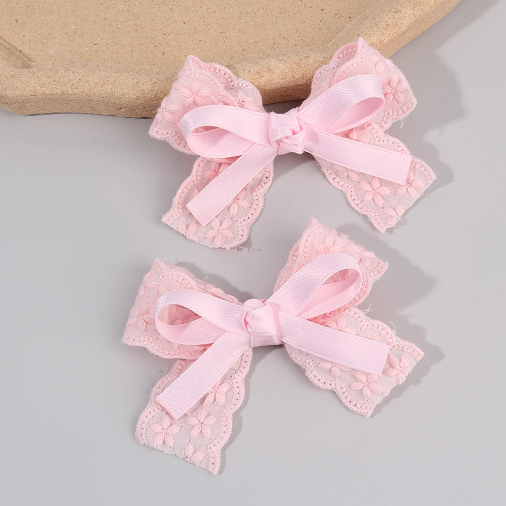 2Pcs/Set Girls Cute Solid Flower Hair Clips White Floral Embroidery Bow Barrette For Children Baby Sweet Headwear Accessories