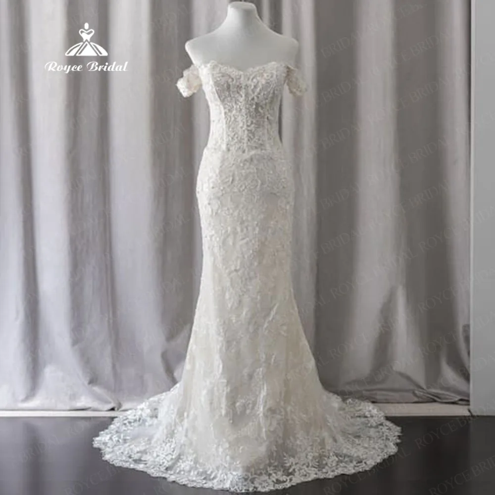 

2023 Sweetheart Mermaid Wedding Dresse Bohemian Off The Shoulder Back Button Lace Crystal Bridal Gowns Countryside Maxi Sheath