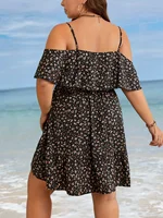 Plus Size 1XL-5XL Women's Elegant Floral Print Off Shoulder Ruffle Edge Dress Ladies Summer Beach Short Sleeved Dress - Image 2
