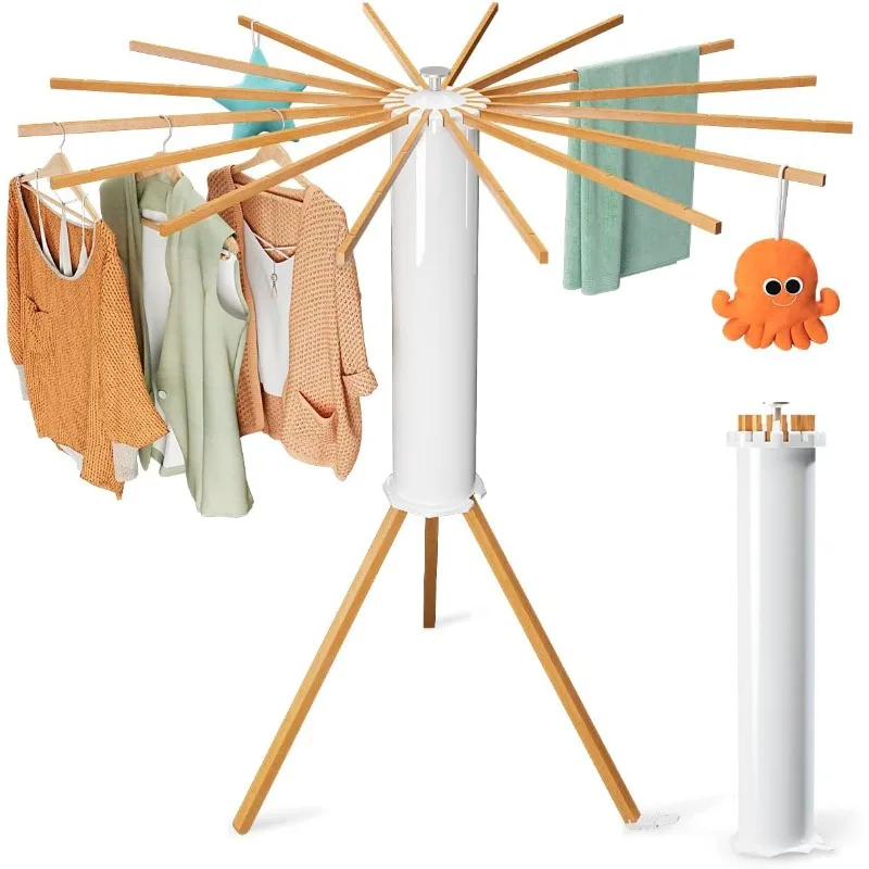 Cylinder Tripod Drying Rack, Octopus Drying Rack Clothing, Space Saving Master, 16 Expandable Rods, Solid Wood, Standing