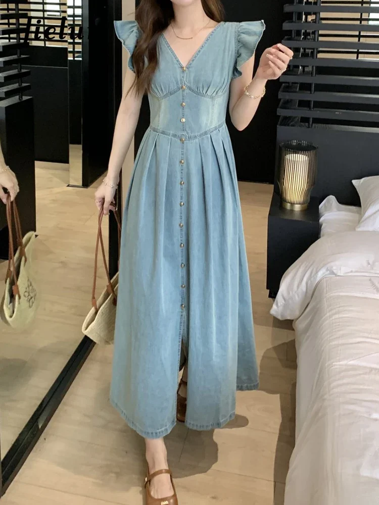 

Jielur Summer New French Fashion Women's Dress Solid Color Slim High Waist Dress Woman Light Blue Ladies Street Dresses Female