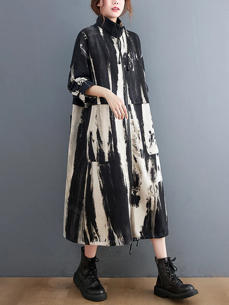 2025 Autumn Winter Oversized Turtleneck Long Trench Coat For Women Drawstring Casual Loose Vintage Print Outerwear Cardigan