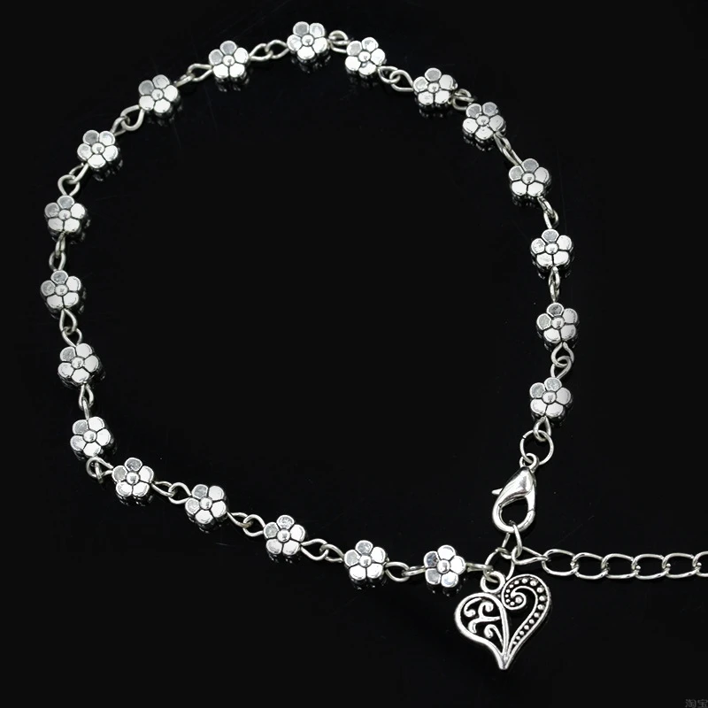 Women's Vintage Heart Flower Barefoot Sandals Beach Anklet Tassel Chain Foot Jewelry Bracelet on Leg Bracelet Ankle Jewelry