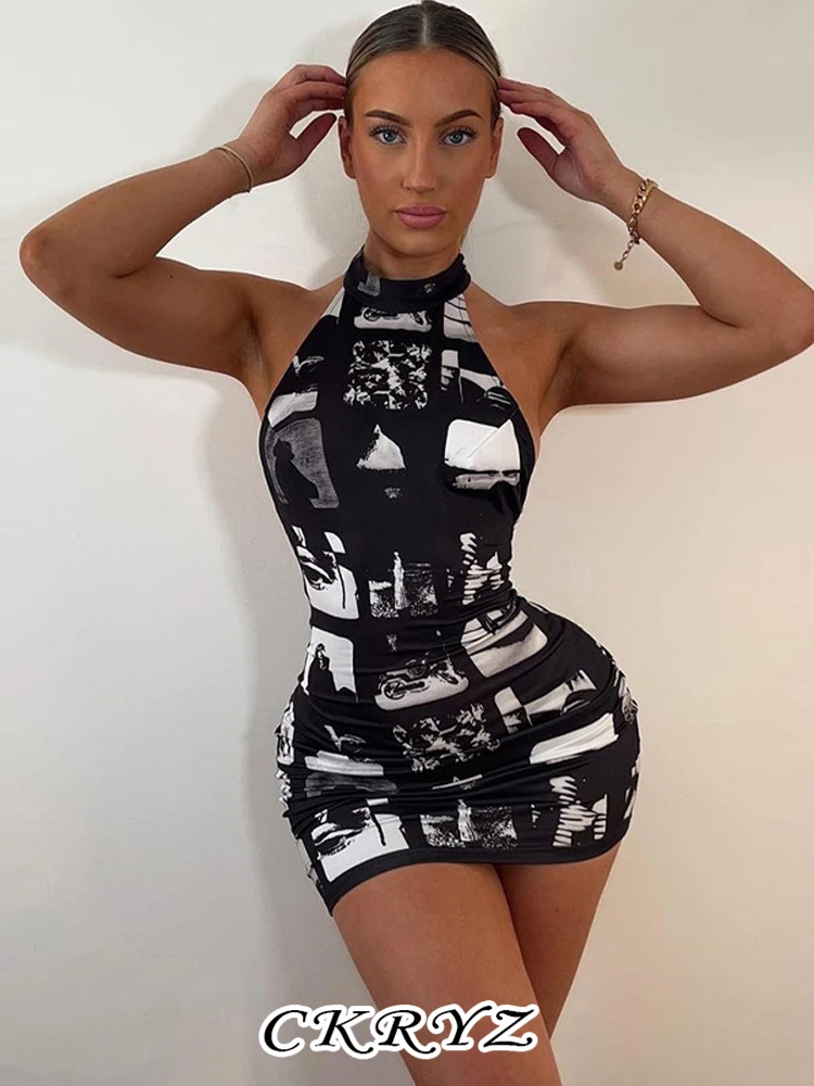 

Ckryz-женское мини-платье с принтом тай-дай без рукавов и открытой спиной на шее сексуальное облегающее платье, новый модный халат, Клубная уличная одежда, Y2K, лето
