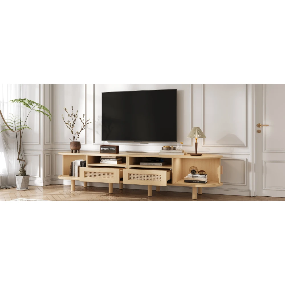 Ovaler TV-Ständer für 70-Zoll-Fernseher – Rattan-Design, Schubladen + Schiebetüren, Lowboard aus MDF-Holz, kratzfester TV-Schrank mit Stauraum – Detail 9
