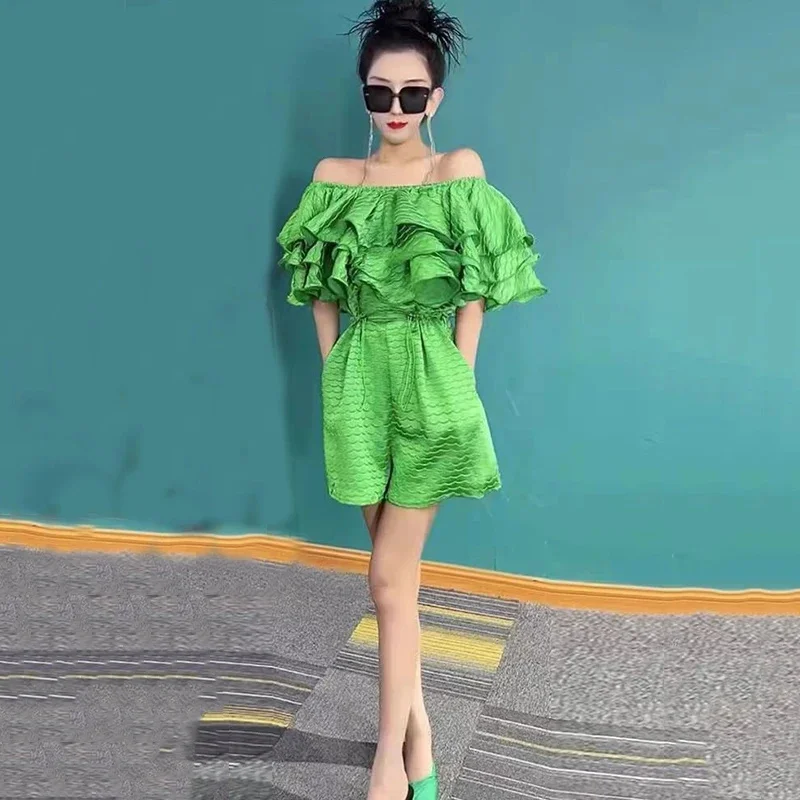 

2024 New Women Off Shoulder Ruffled Playsuit Beach Satin Elegant Drawstring Bodysuit Overalls Luxury Sleeveless Two Piece Set