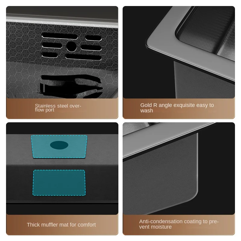 Handmade Black Nano Honeycomb Embossed Stainless Steel Kitchen Sink Single Bowl Undermount with Square Shape and Three Holes