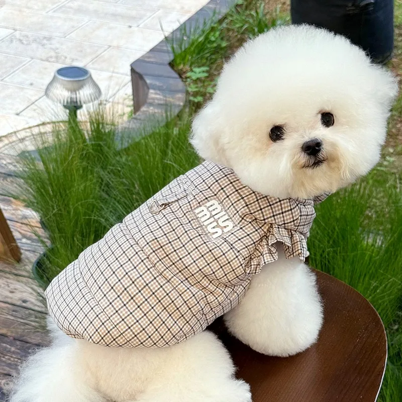 블루 체크무늬 강아지 옷 테디 겨울 두꺼운 면 코트 요크셔 따뜻한 날씨용 외투 트랙션 버클 포함