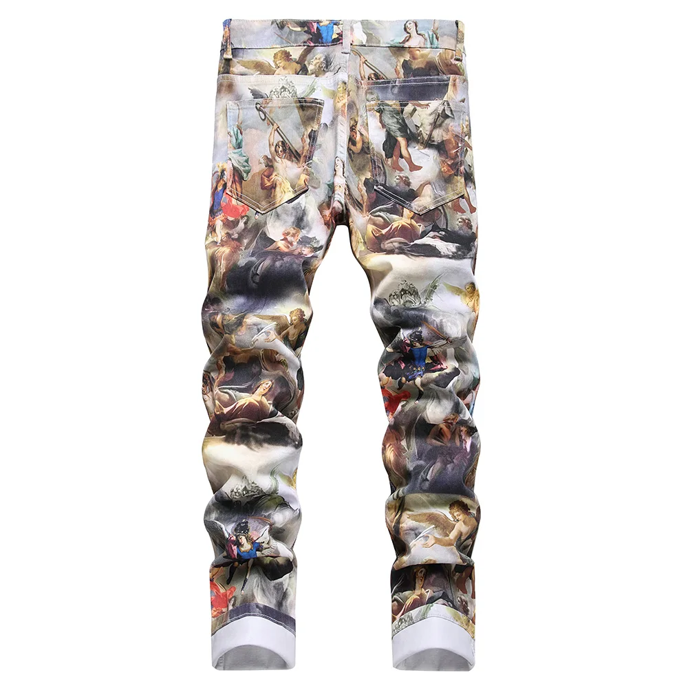 Men Classical Painting Print Jeans Fashion Angel Immortal Stretch Pants Streetwear Plus Size Printed Slim Tapered Denim Trousers 2