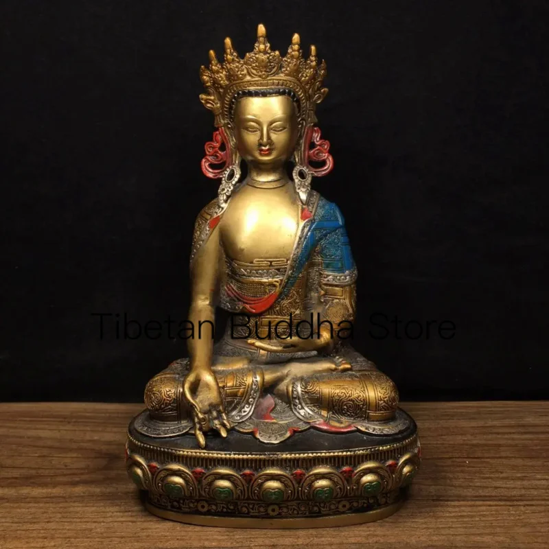 

21cm Nepalese Tibetan Bronze Gilded Colored Five Dimensional Sun Tathagata Buddha Statue Ornament