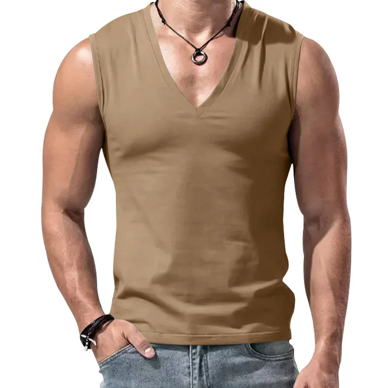 2025 sommer Komfortable Einfarbig V-ausschnitt Tank Tops Casual Atmungsaktive Ärmelloses T-Shirt Männer Sport Weste männer unterhemd Tops – Detail 27