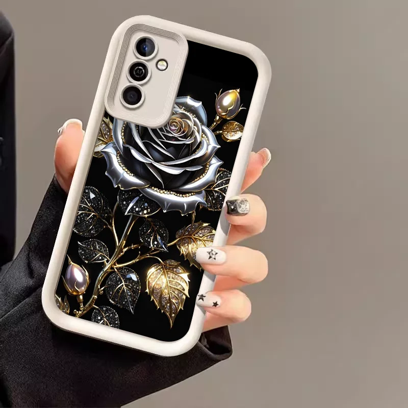 Elegant Black Gold Rose Flower Silicone Phone Case - Soft Cover Skin