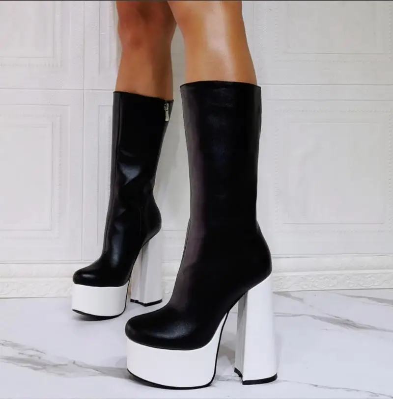 

White Black Leather Color Matching Thick Heel High Heel Women's Platform Short Boots Desinger Mid Calf Party Boots Plus Size 47