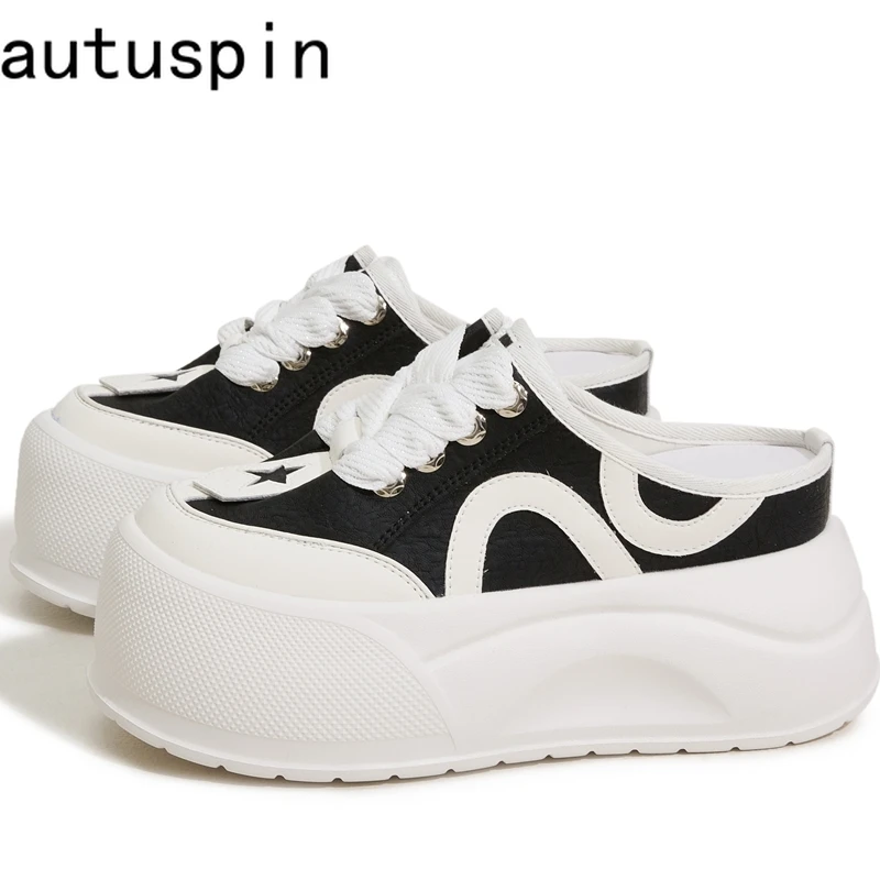 AUTUSPIN 6cm Platform Flats Sneakers for Women Summer Round Toe Slippers Fashion Wide Toe Leather Ladies Slides Shoes Lace-up