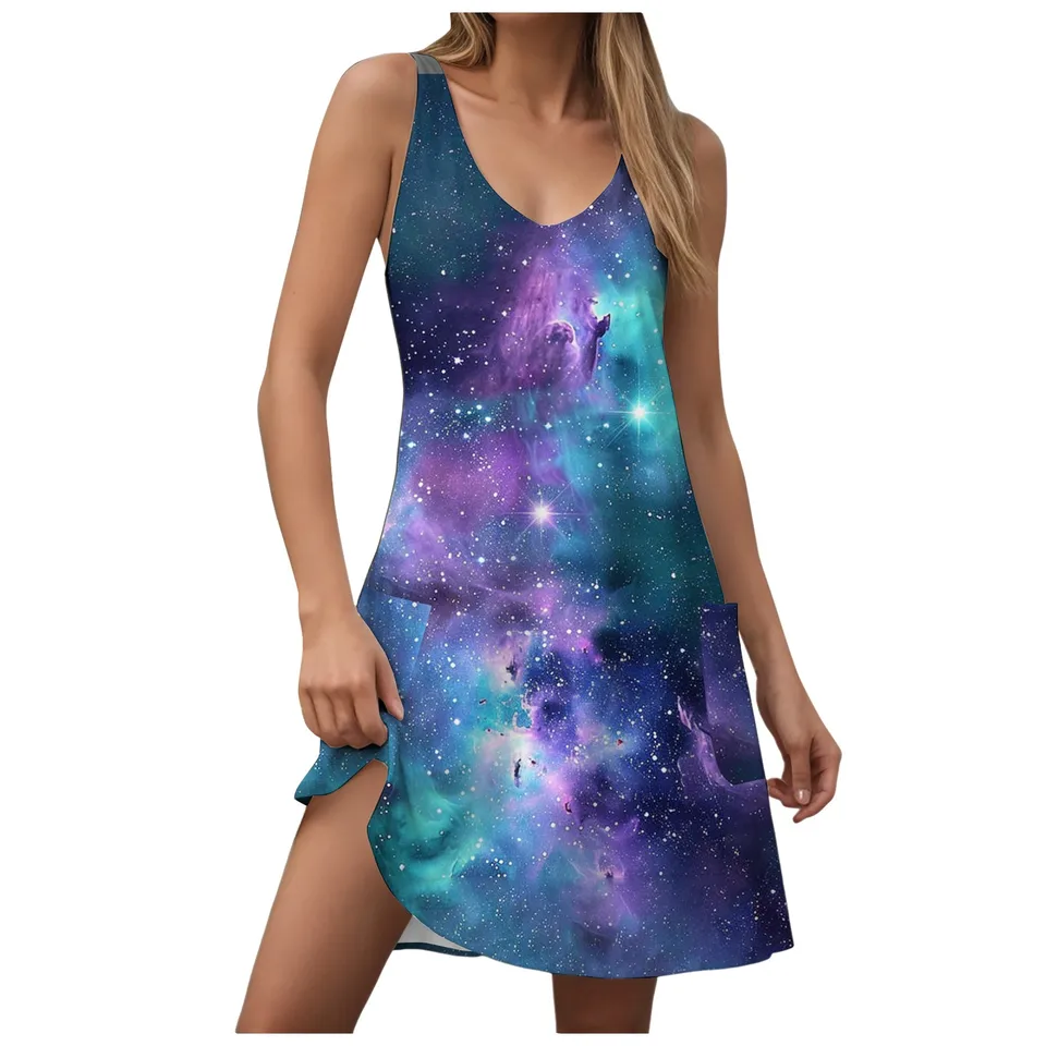 Ladies Casual Starry Sky Pocket Dress