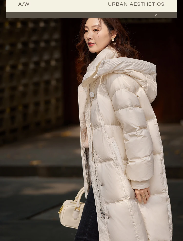 Vimly White Duck Down Puffer Jackets Women Winter Warm Long Down Coat 2023 Windproof High Neck Detachable Hood Outerwear 50636