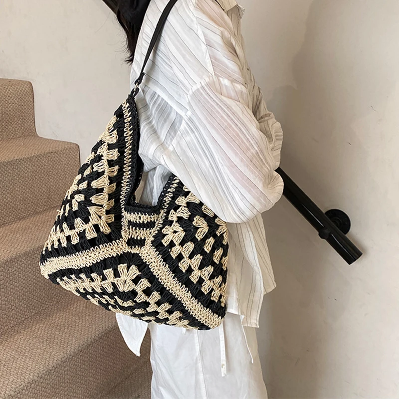 Women Weaving Clutches Top-handle Bag Large  Portable Shoulder Bag Summer Beach Purses Shopper Satchel Female Tote Bags