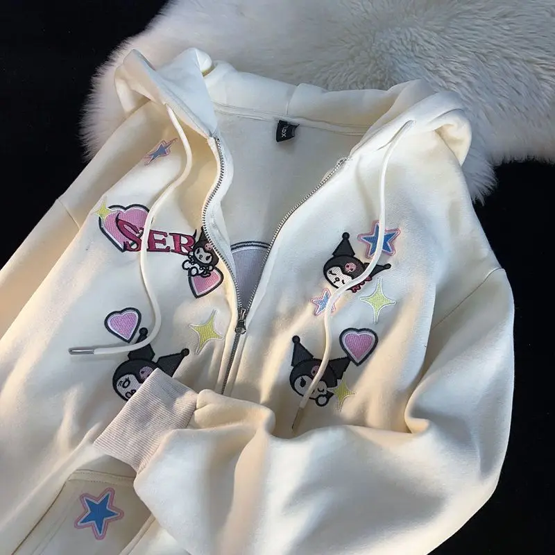

New Sanrio Kuromi Y2k Zip Up Hoodie Sweater Women Autumn Sweatshirts Print Kawaii Style Cardigan Oversize Long Sleeve Coat Tops