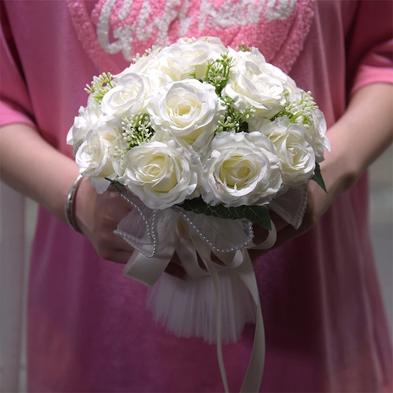 Holding Artificial Rose Flower Wedding Bouquet Blue Red White Champagne Bridesmaid Bridal Bouquet Mariage Party Accessories