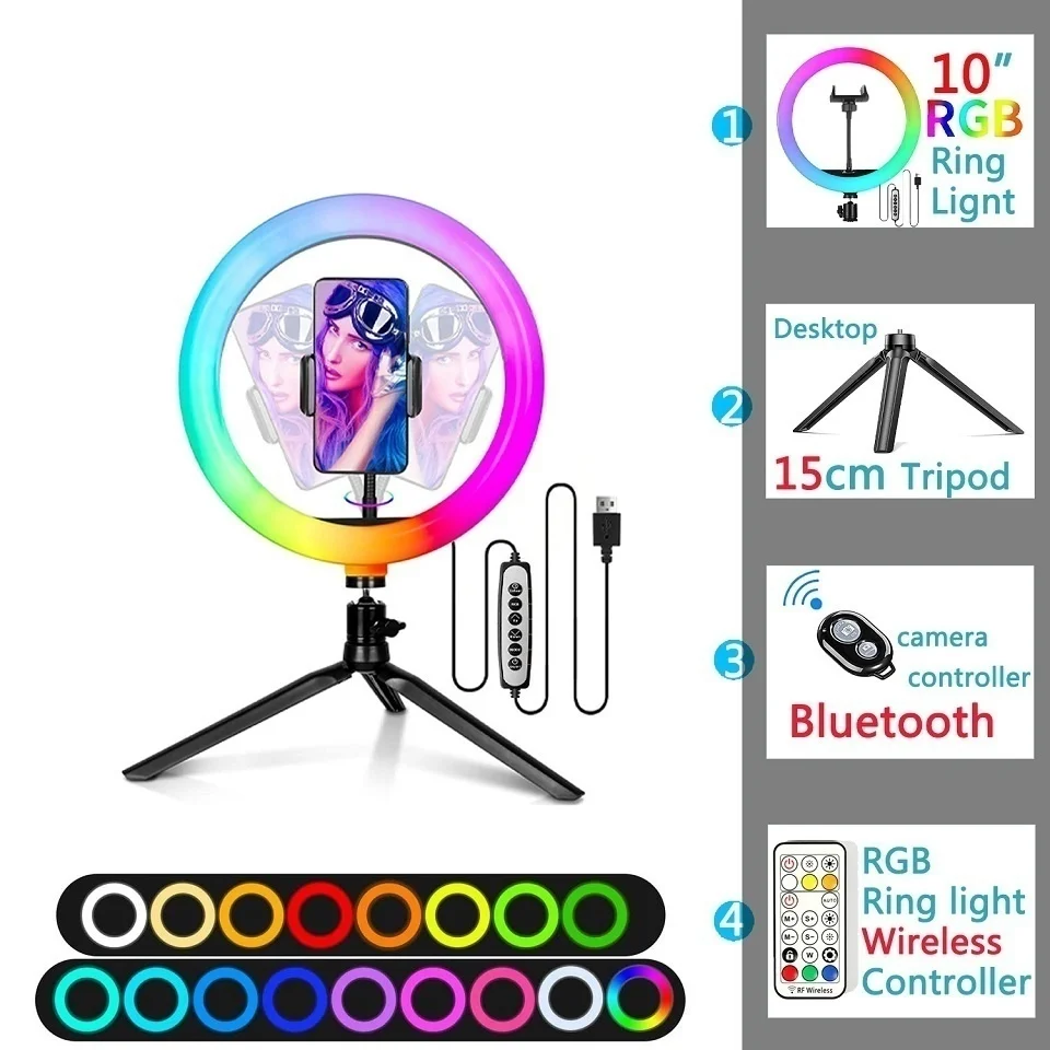 12in 30cm Selfie Ring Light RGB Tripod Phone Stand Holder Photography RingLight Circle Fill Light Led Color Lamp Trepied Makeup