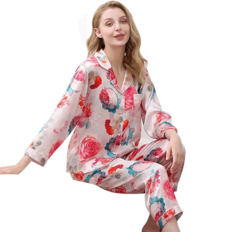 NEW Summer 16mm 100%Silk Pajamas Set Women Silk Homewear Print Sleepwear High Quality Clothing