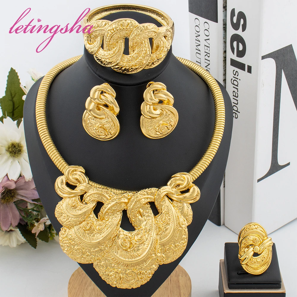 

Nigerian Fashion Women Jewelry Set Dubai Luxury Gold Color Necklace Earrings Pendant Classic Bangle Ring Set Banquet Party Gift