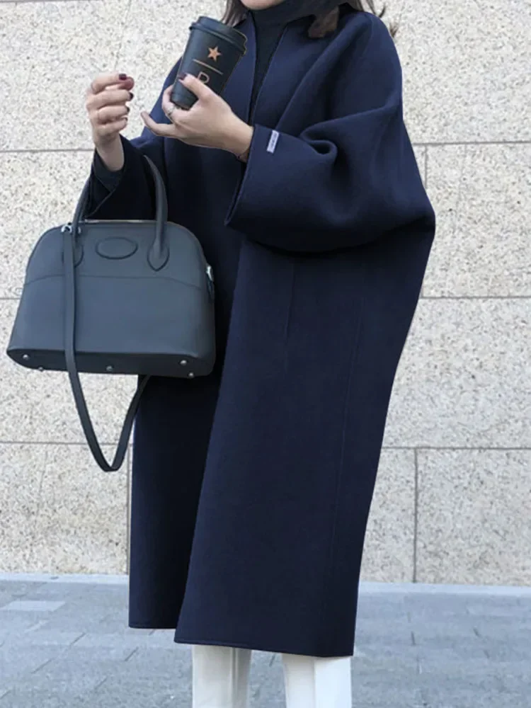 Elegant Woolen Coat for Women Streetwear Casual Korean Fashion Jackets Solid Pockets O Neck 2024 New Autumn Winter Coats