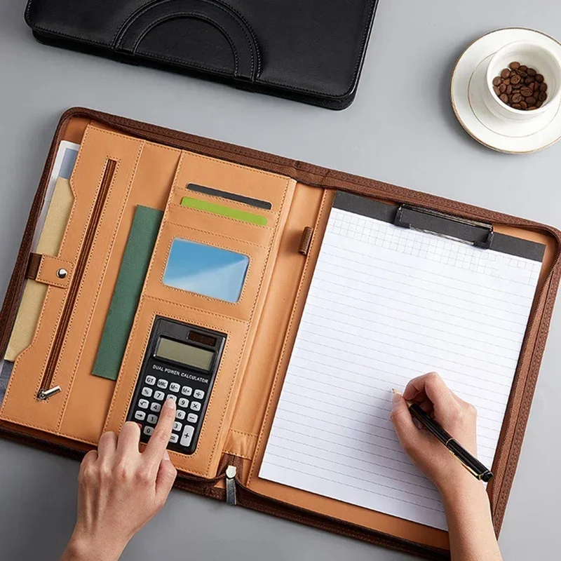 남녀공용 메모장, Padfolio 비즈니스 지퍼 폴더, 회의 핸들, 포트폴리오 가죽 포함