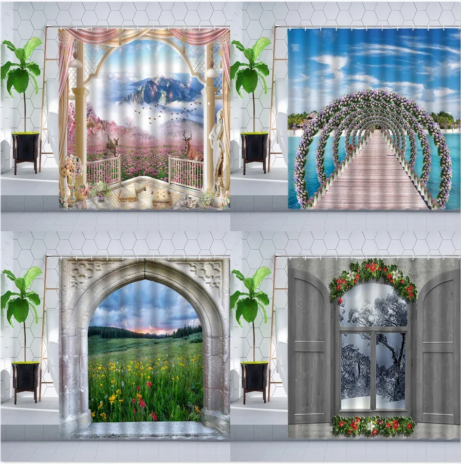 

European Style Scenery Shower Curtain Set Cherry Blossom Grassland Natural landscape 3D Design Bathroom Curtains Polyester Hooks
