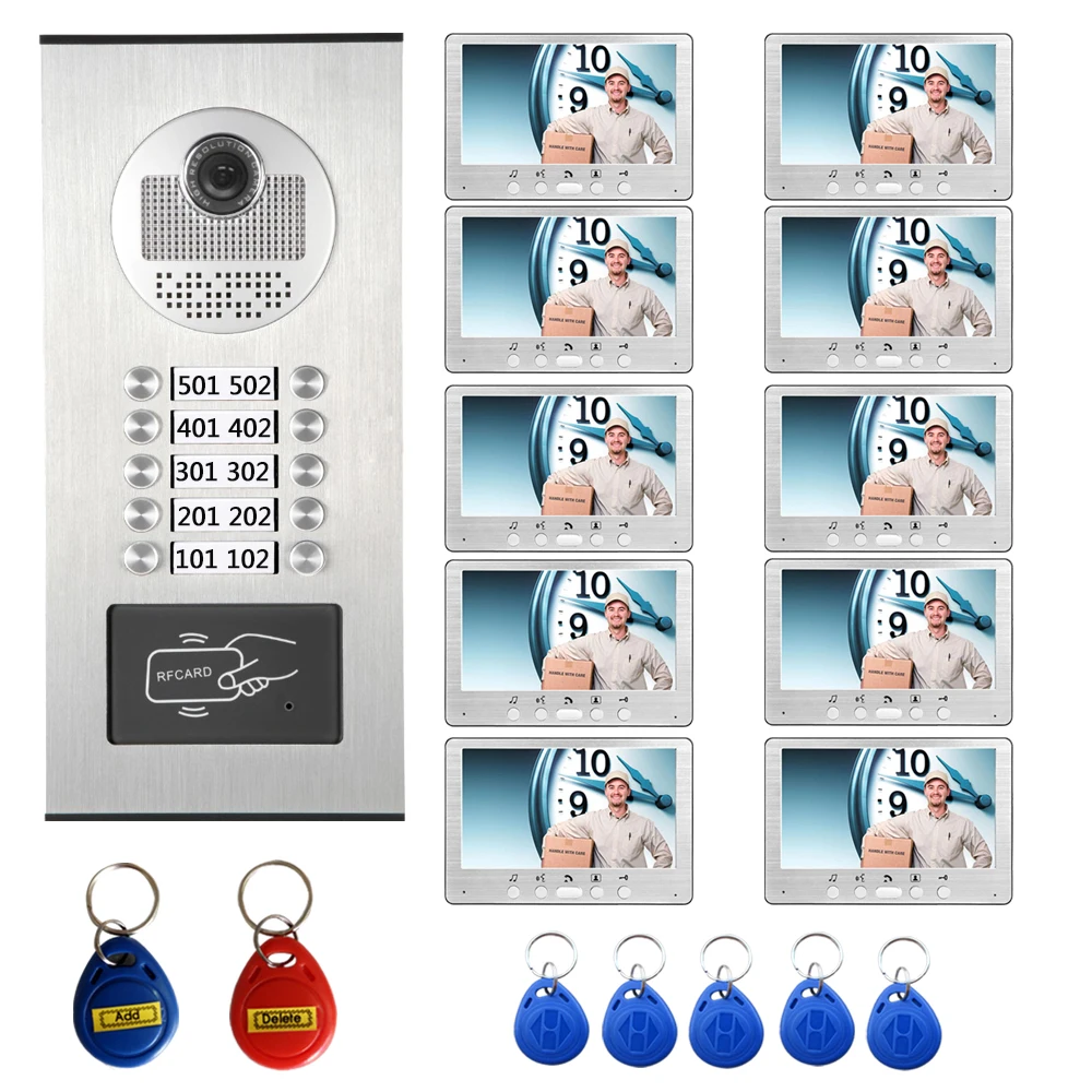 

Wired 7" Video Door Phone Intercom Apartments House Doorbell Multi Unit Access RFID System 1 Camera 10 Monitor