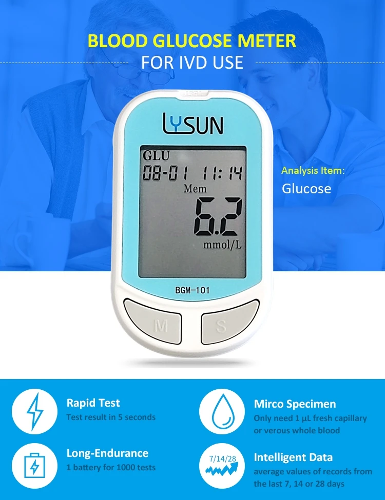 Blood Glucose Monitor Lysun Blood Glucose Meter Test Strips with Lancets Blood Sugar Diabetes Tester Household Tiny Speciman BGM-101