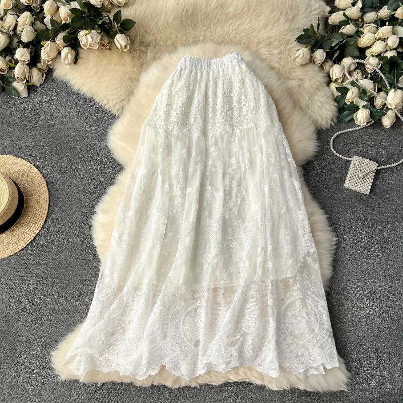 Women A-line Skirt Lace Hollow Out High Waist Long Shirt Leisure New Chic High-end Design Solid White Office Lady Loose