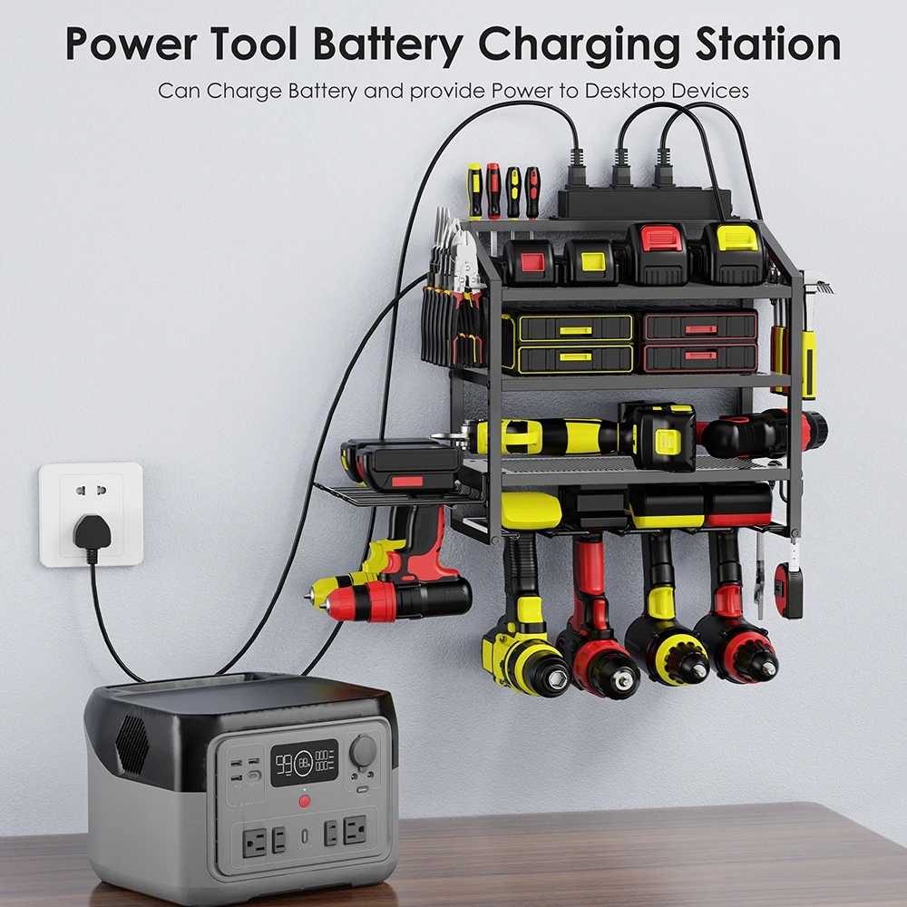 FZCSPEEDPower Tool Organizer Wall Mounted with Charging Station, 4 Tiers Storage Racks, 6 Drill Bit Storage Slot Racks