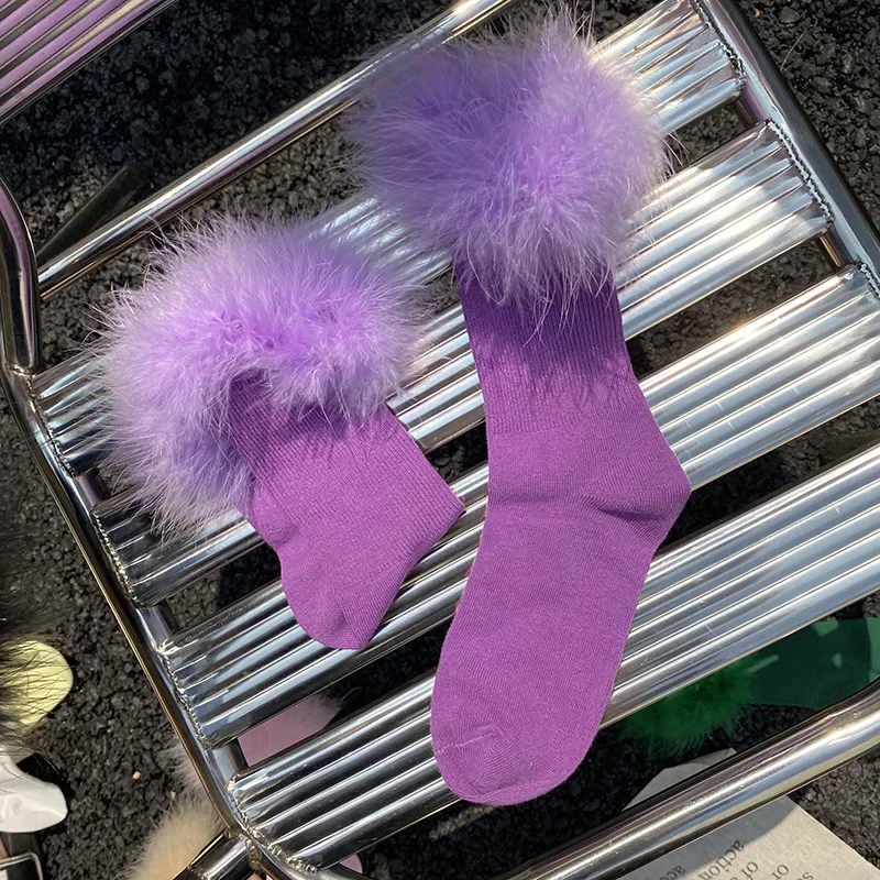 Pink Fuzzy Lolita Japanese Feathered Socks – Cute & Cozy Cosplay Accessories