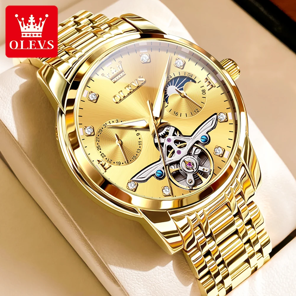 OLEVS Brand Luxury Gold Mechanical Watch Men Stainless Steel Waterproof Moon Phase Fashion Tourbillon Watches Relogio Masculino