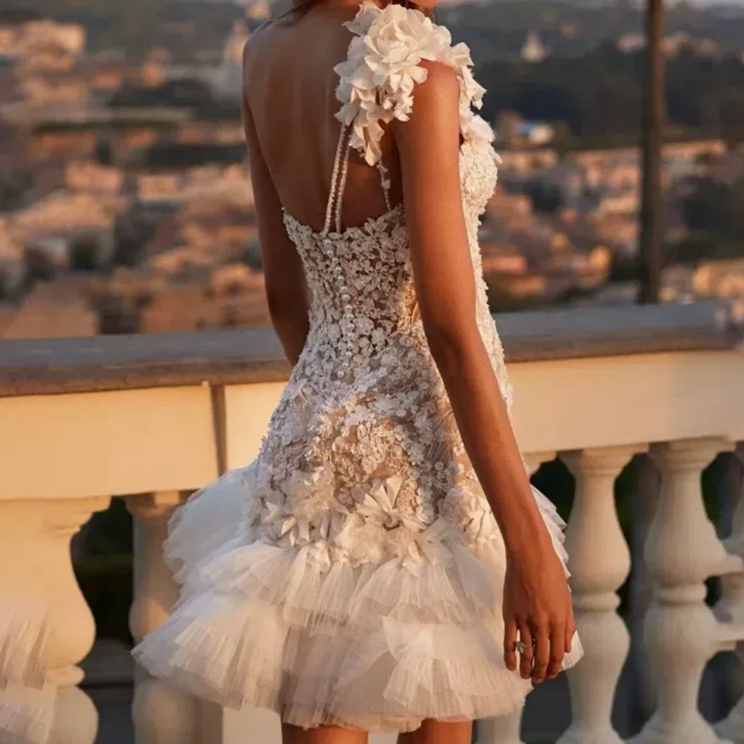 Short Fit Princess Wedding Dress Cubic Floral Sexy One-shoulder Bridal Dress  | eBay