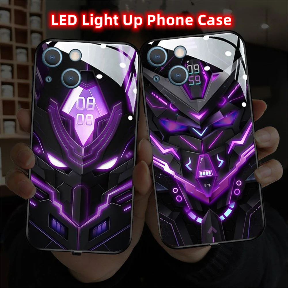 2024 Super Cool Mech Mask Design LED Light Glow Luminous Phone Case For iPhone 15 14 13 12 11 Pro Max X XR XS Plus 6 7 8 SE2020